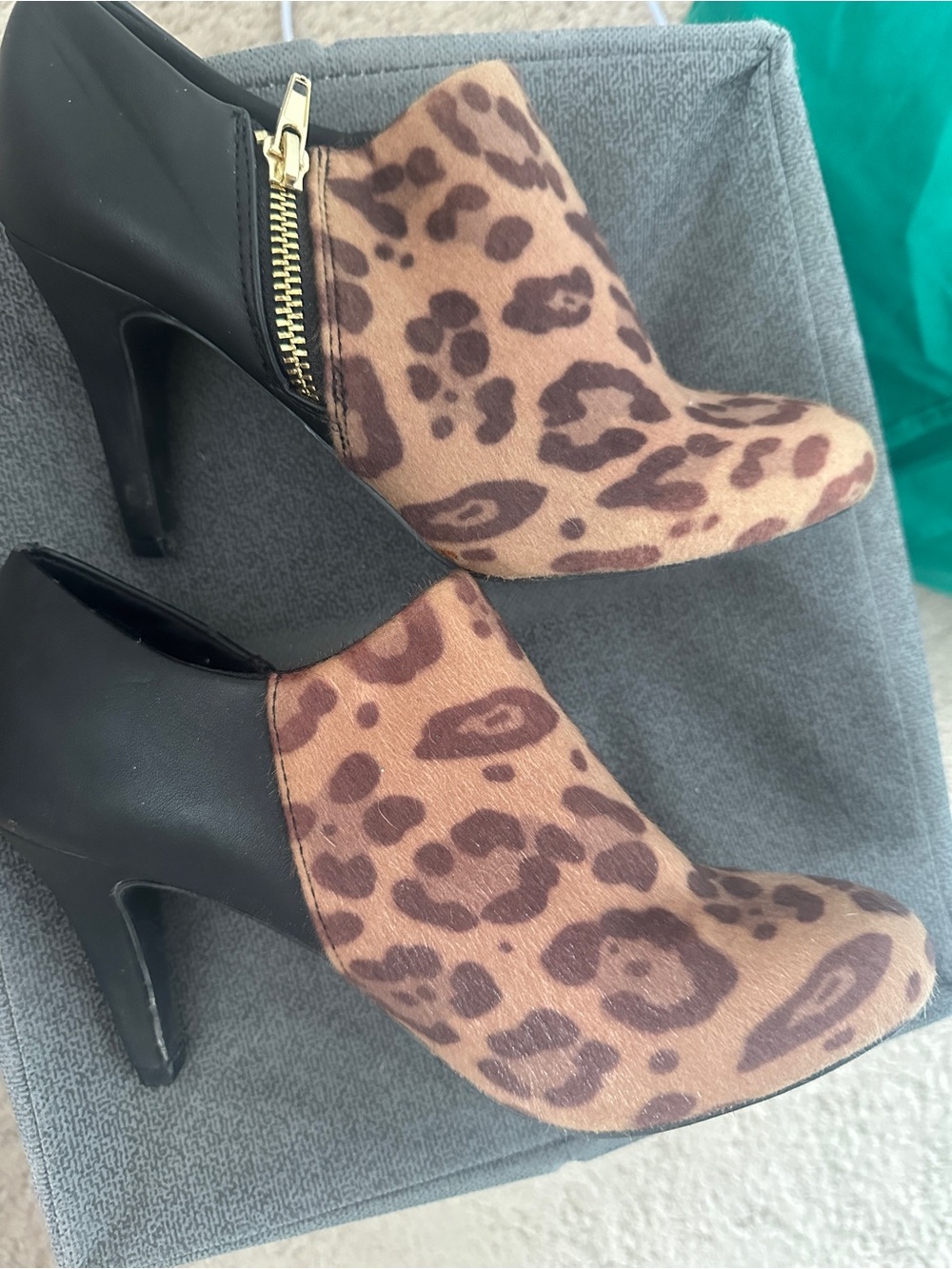 Leopard Print Ankle Booties with Black Heel and Gold Zip